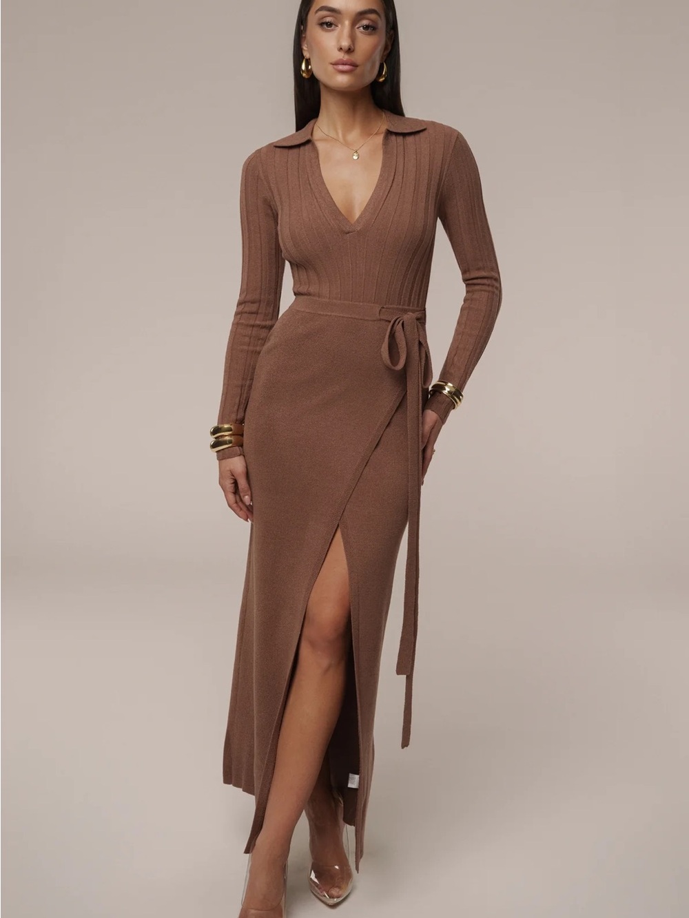 JLUXLABEL Brown Rib-Knit Collared Wrap Maxi Dress